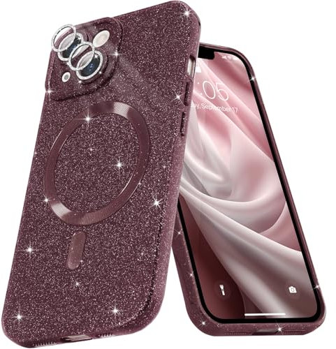 Micoden for iPhone 14 Case [Compatible with Magsafe] Magnetic Phone Case Glitter Bling Sparkle Women Girl Shockproof with Camera Protector for iPhone 14,Jujube Red