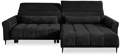 möbelando Wohnlandschaft >Wolve< Kopfteilverstellungen, 2 Kissen, Cord schwarz - 277x108x179cm (BxHxT)