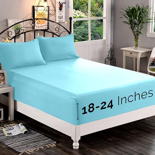 Elegant Comfort 1500 Premium Quality Fitted Sheet Ultra Soft 18-24 Inch Extra Deep Pocket - Single Fitted Sheet for High Mattress - Wrinkle Free with Smart Storage Pockets, Cal King, Aqua Blue