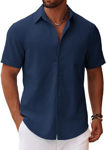 COOFANDY Short Sleeve Shirts Men Lightweight Summer Shirts Casual Linen Shirt Plain Cotton Shirt with Pocket Beach Holiday Blue-Violet XXL