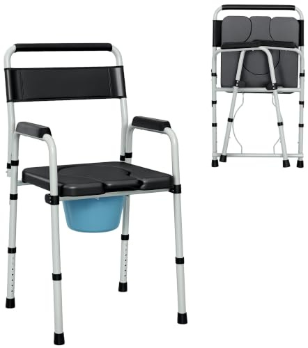 HOMCOM Silla WC Personas Mayores Plegable 150 kg para Embarazadas Negro | Silla con Inodoro, Altura Ajustable, Cubo, Almohadillas Antideslizantes, para Discapacitados