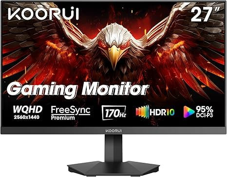 KOORUI 27 Pollici Gaming Monitor, QHD 200Hz 1ms Fast IPS | HDR 400 Adapitive Sync Compatibile, 95% DCI-P3 | HDMI 2.0/DP 1.4 Eye Care Montaggio a parete VESA