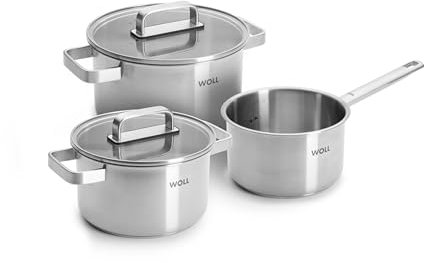 WOLL Steel - Batería de cocina de acero inoxidable, 5 piezas, apta para inducción, apta para todo tipo de fuegos, apto para lavavajillas, resistente a la corrosión