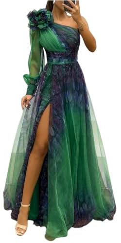 Robe De Cérémonie pour Femme Ronde Fleurie De Cérémonie Maille Robe Femme Chic Et Elegant Mariage Fluide Cocktail Vetement Ete Manchette à Une épaule Dentelle Légère Élégante Dress(Vert foncé,M)