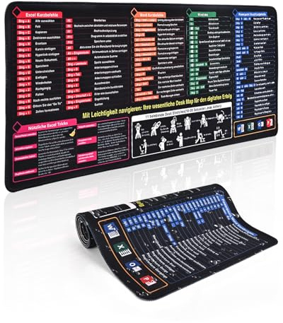 Excel Mauspad Deutsch 80x30cm, Schreibtischunterlage für Büro Home Office | Excel Shortcuts Deutsch, Wasserfest, Rutschfest, Handgelenkstützend, Für Büro, Studium, Home Office, Geschenkidee