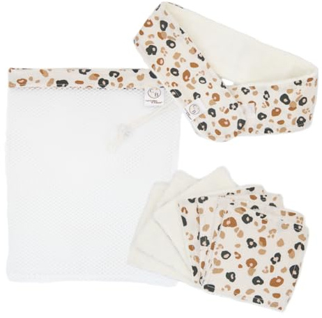 Lingettes démaquillantes lavables bambou, cotons réutilisables, fait main, lot de 7 + bandeau make-up+filet de lavage, ensemble démaquillage (Ensemble Écru à Motif)