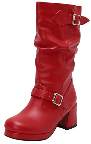 Mo Joc Stivali da donna con gambo medio, tacco a blocco, con fibbia in metallo, 6,5 cm, per ufficio, streetstyle, Colore: rosso, 39 EU