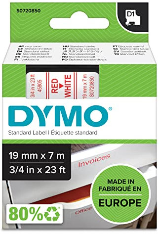 DYMO Original D1-Etikettenband | rot auf weiß | 19 mm x 7 m | selbstklebendes Schriftband | für LabelManager-Beschriftungsgerät