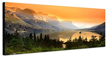 Wandbild auf Leinwand als Panorama in 150x50cm Nationalpark Bergsee Berge Wald Abendlicht
