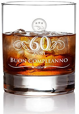 AMAVEL Tumbler da Whisky in Vetro con Incisione - 60 Anni - Buon Compleanno - Bicchieri Cocktail Personalizzati - Degustazione - Accessori Decorativi Casa - Idee Regalo Originali - Capacità: ca 320 ml