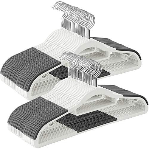 SONGMICS Juego de 50 Perchas, Perchas de Plástico, Antideslizantes, Ahorra Espacio, 0,5 cm de Grosor, 42 cm de Largo, Gancho Plata Giratorio de 360°, Blanco y Gris Oscuro CRP020W02
