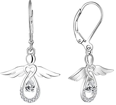 FJ Damen Schutzengel Ohrringe 925 Sterling Silber Hängend Weiß Zirkonia April Geburtsstein Schmuck Geschenke für Frauen Mädchen