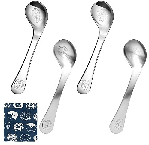 Couverts Enfant, 4Pcs Cuillères en Acier Inoxydable pour Enfants, Cuillère Bébé Courbé, Matériau de Qualité Alimentaire, Cuillère pour Toddler Enfants Auto-Alimentation Apprentissage Cuillères