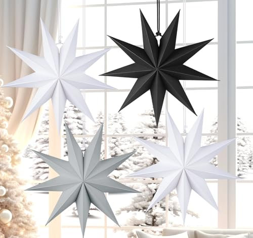 HOUISM Papier Stern Dekoration 4 Stück, Faltstern Weihnachten 30cm 3D Sterne Form für Weihnachten Sterne Papier zum Fenster Dekoration, Advent, Weihnachtsbaum (Schwarz & Weiß & Grau) 3