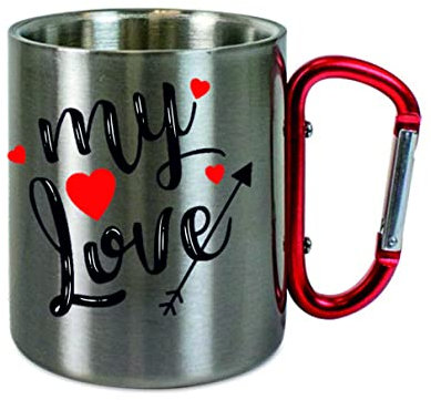 CreaLuxe Edelstahltasse mit Karabiner - My Love - 330ml Tasse mit Gravur, Kaffeetasse, Bürotasse, Metalltasse mit Name