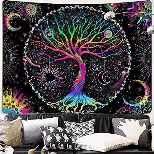 Spenlife Wandteppich mit Baum des Lebens, Schwarzlicht-Wandteppich für Schlafzimmer, bunt, ästhetischer Baumteppich, ästhetischer Wandbehang für Schlafzimmer, bunt, 178 x 228 cm