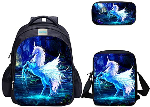 MATMO Juego de mochila y lonchera de dinosaurio para niños, mochila de hombro, estuche para lápices, Juego de 11 mochilas de unicornio, Medio, dibujos animados