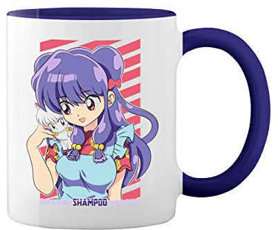 GR8Shop Ranma 1/2 Shampoo Anime Lover Blanca taza de café con el borde azul y la manija Mug