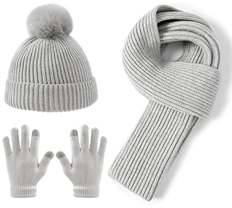 Lallier 3-teiliges Kinder-Set mit Mütze, Schal und Schneehandschuhen, Winter Strickmütze, warme, weiche Pom-Pom Mütze für Jungen, Mädchen und Kleinkinder