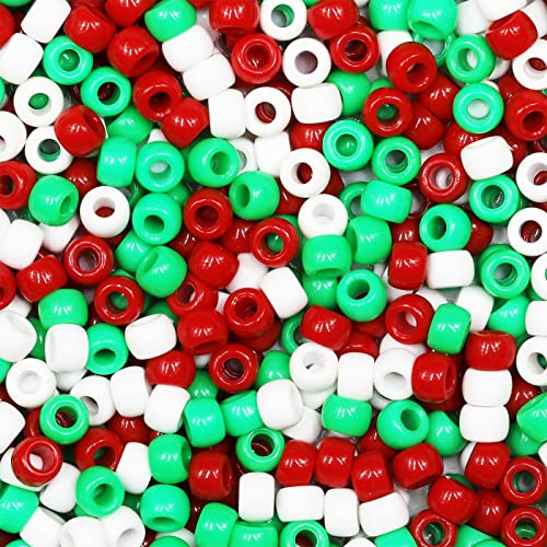 VOOMOLOVE 1000 PCS Red/White/Green 6x9mm Pony Beads for Bracelets, Hair Braids & DIY Crafts – for Adult Craft Use Only (Red/White/Green)