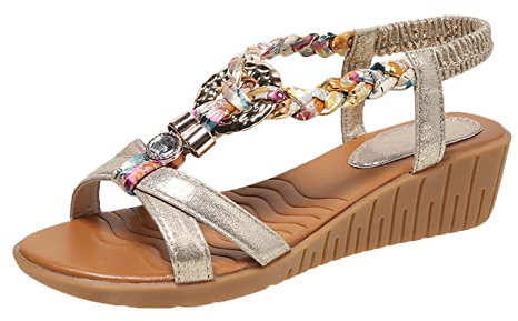 OALEEN Sandales Compensées Femme Eté Confortable Orthopedique Nu-pieds Strass Bride Arrière Plage Mariage Chaussures Doré 39