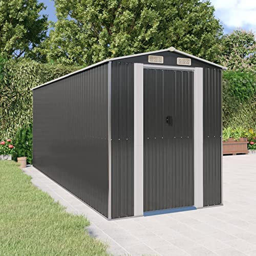 Homgoday Geräteschuppen Gerätehaus Garten Schuppen Gartenhaus mit Satteldach Metall Gerätehaus Geräteschrank für Garten Outdoor Anthrazit 192x523x223 cm Verzinkter Stahl