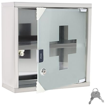 LZQ Medizinschrank Medizinschränke aus Edelstahl abschließbar, 2 Fächer Medikamentenschrank Arzneischrank mit Glas Tür, Erste Hilfe Schrank inkl. 2 Schlüsseln, 30x12x 30cm Weiß
