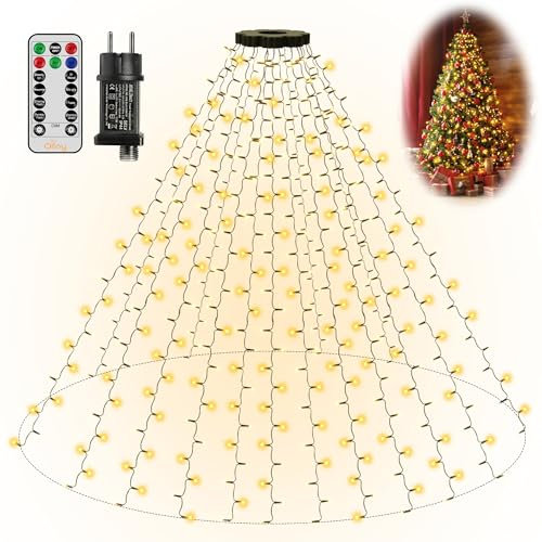 Ollny Lichterkette Weihnachtsbaum mit Ring, 2.5M 400 LED Lichterkette außen 16 Stränge, weihnachtsbeuleuchtung innen 8 Modi Timer, wasserdicht für 150, 180, 240cm Tannenbaum (Warmweiß)