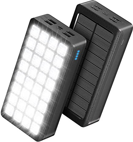【New Upgrade】Portable Solar Charger 30000mAh, Solar Power Bank with 4 Outputs & Dual Inputs 32 LEDs Flashlight, Waterproof Charger Fast Charging Battery Pack for Smartphones Tablets Outdoors (black)