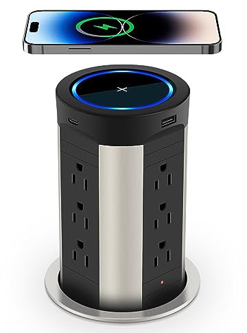 Pop Up Outlet for Countertop,45W USB C Desk Charging Station,12 Outlets & 4 USB Ports & 15W Wireless Charger,3.9Hole Desktop Power Grommet, Island Pop Up Electrical Outlet, Office Power Supply