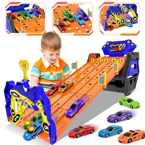 VATOS Upgraded 5-Track Transport Truck Toy Cars for Boys Ages 3-8, Portable Race Track Set with 5 Race Cars Carrier Truck Vehicles Toy Set for Kids