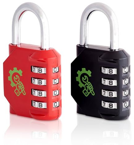 Spanner In the Works® | Padlocks with Code | 4 Digit Weatherproof Combination Padlock Outdoor | Gym Locker Padlocks (Pack of Two, Red and Black Coded Number Locks)