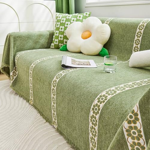 Gualiy Sofa Bezug 180x420cm, Blumen Reben mit Fransen Couch Überzug 4 Sitzer Sofabezug Antirutsch Grün Sofa Überzug für Schlafzimmer