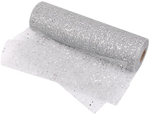 Trimming Shop Glitter Organza Roll Silver 29cm x 25m Sparkle Mesh Fabric | Sheer Sequin Mesh For Chair Bows, Table Runners, Gift Wrapping, Wedding Décor, Crafts, Floristry And Party Displays