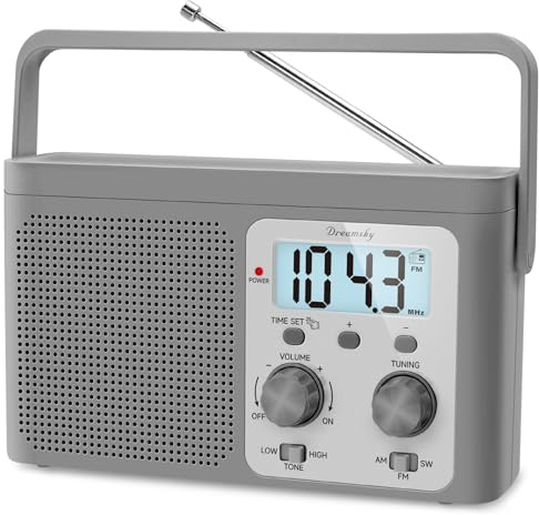 DreamSky AM FM Radio Portable - Shortwave Radio Battery Powered or Plug in Wall for Home Outdoor, Strong Reception, Large Dial Easy to Use, Digital Time Display, Transistor Antenna, Seniors Small Gift
