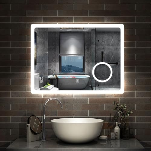 Aica Sanitär Badspiegel mit LED Schminkspiegel 80×60cm Kalt/Neutral/Warmweiß dimmbar Touch/Wandschalter Beschlagfrei Spiegel Badezimmerspiegel