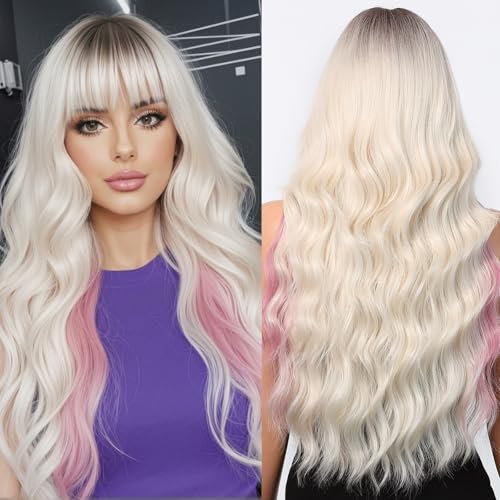 Allbell Lange gewellte Perücke für Damen blond rosa lockig hitzebeständig synthetisch Halloween Cosplay Haarperücken