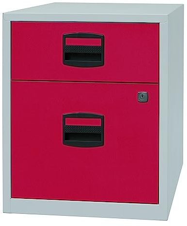 Bisley Home Beistellschrank auf Rollen mit Schloss aus Stahlblech, 1 Universal-Schublade + 1 Hängeregistratur-Schub einbahnig abschließbar - für Hängemappen & Büromaterial - Farbe: grau/rot