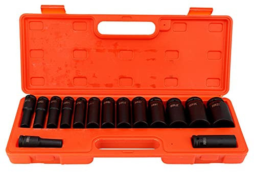 15pcs Deep Impact Socket Set Carbon Steel Drive Socket Sets with Plastic Storage Box, Single Hex 6 Point Socket Sets 10-32mm for Garage Workshop