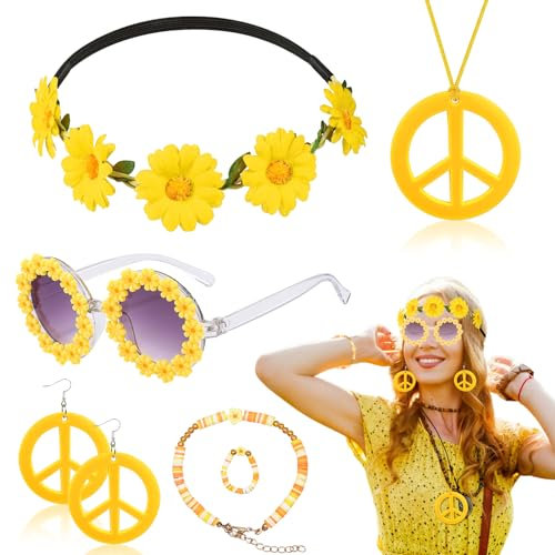 6 Stücke Hippie Damen Zubehör Set, 60er 70er Jahre Hippie Kostüm Zubehör mit Gänseblümchen Stirnband Sonnenbrille Friedenszeichen Halskette Ohrringe Armband Ring für Halloween Karneval Party(Gelb)