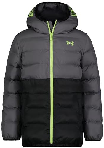 Under Armour Boys Water-Resistant Pronto Colourblock Puffer Jacket with UA Storm Technology – Lightweight Hooded Winter Coat with Snap Pockets, 10 Years to 11 Years, Castlerock