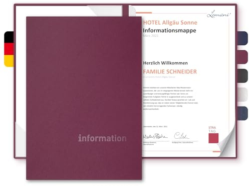 Informationsmappe A4 Premium-Karton - Lemani® CARISMA - mit Prägung ‚information‘ - für Gäste oder Mitarbeiter - hochwertige Informations-Präsentation aus 375g/m² Pappe (Bordeaux, 8 Stück)