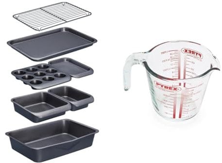 MasterClass Smart Space Stacking Non-Stick Bakeware Set, 7 Piece Baking Trays, Gift Boxed & Pyrex Measuring Jug 500ml | Capacity 568ml / 20 Ounce | P586, Multicolor