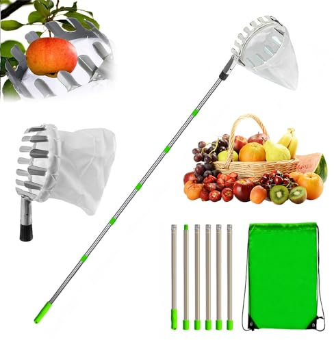 YANGUN Apple Picker with Telescopic Handle, Fruit Picker Tool with Stainless Steel Connecting Pole and Fabric Bag, Fruit Harvester Berry Picker, Fruit Grabber for Cherry Lemon Orange Pear (2.4 Meter)