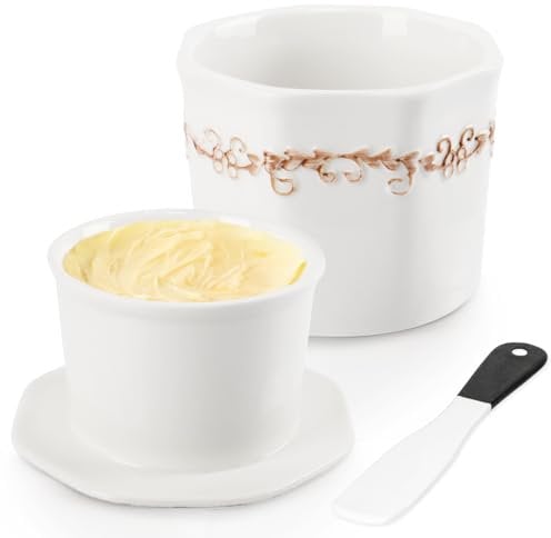 Butterdose Französisch, 280g Französische Butterdose Wassergekühlt mit Wasserkühlung, Französische Butterglocke mit Wasserstandslinie und Keramikmesser, Butterdose Porzellan für Streichfähige Butter
