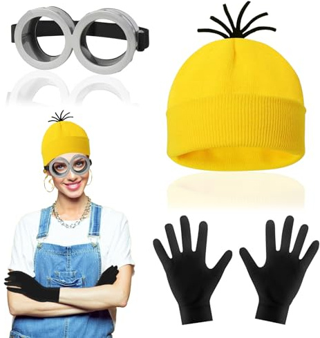JunMallko 3 Stück Halloween Kostüme für Erwachsene, 1 Brille Gelbe, 1 Mütze, 1 Schwarze Handschuhe Set, Kostüm Zubehör für Halloween Cosplay, Karneval Film Kostüm