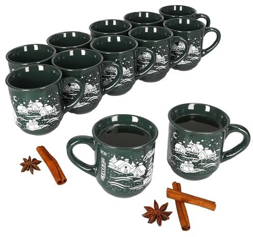 MamboCat Set di 12 tazze per vin brulé, 0,2 l, verde, paesaggio natalizio, classiche, in ceramica, calibrate, ideali per il mercatino di Natale