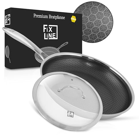 FIXLINE® Premium Bratpfanne 28cm + Glasdeckel - alle Herdarten inkl. Induktion - Kratzfeste Antihaftbeschichtung - Backofen bis 230℃ - Kombi Set