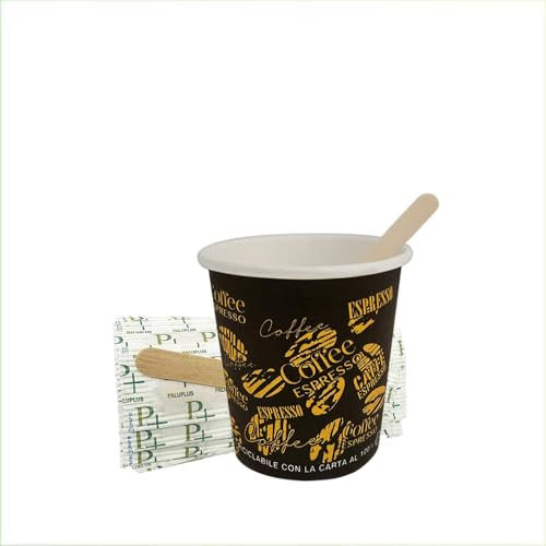 PALUPLUS 1600 Bicchieri in Carta per Caffè da 90ml NERO Grafica Chicco Caffè (3 oz) Bicchierini in cartoncino biodegradabile per Cappuccino caffè + 1600 Palette in Legno di Betulla -F5,6