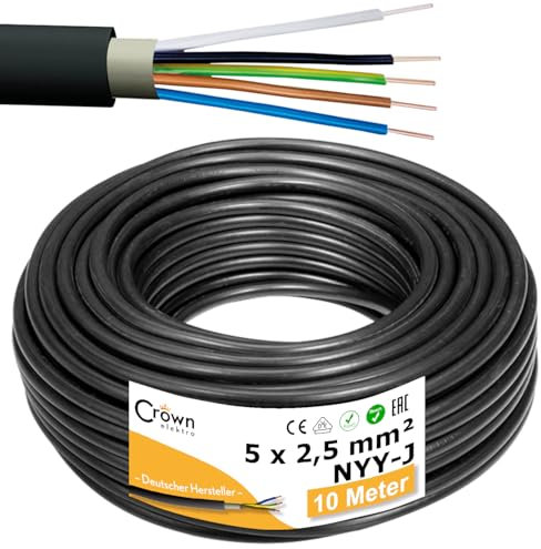 NYY-J 5x2,5mm² 10m Erdkabel Länge am Stück | Elektrokabel Ring für Verlegung im Erdreich & Außenbereich | Kupfer Eindrähtig DIN VDE 0276 Teil 603/627 | Deutsche Markenhersteller